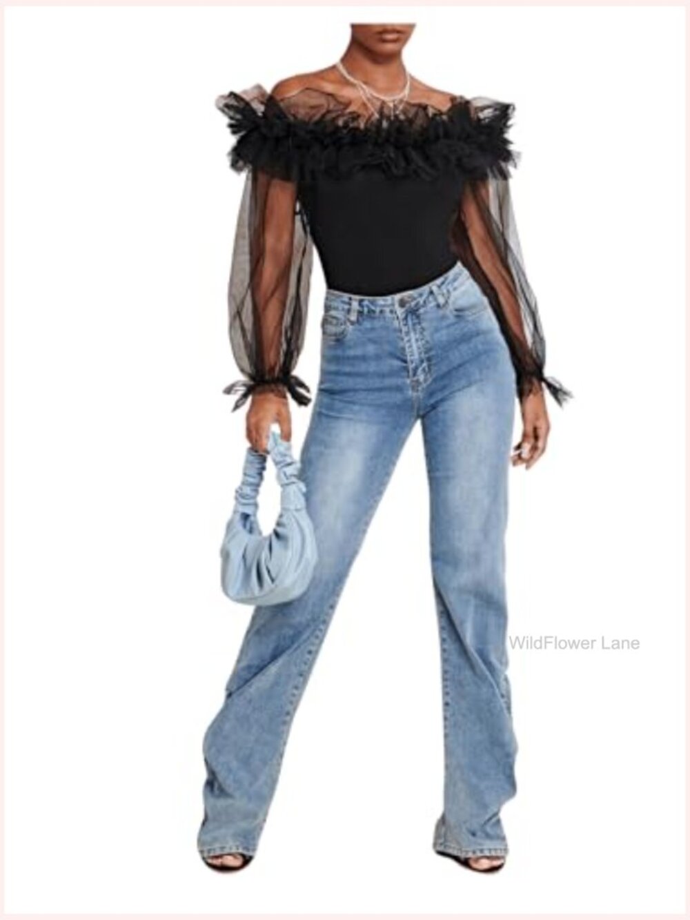 Ruffle Off Shoulder Blouse Mesh Puff Sleeve Party Top Fitted Tee - Picture 6 of 7